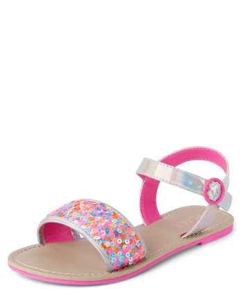 Girls Holographic Rainbow Sequin Sandals | The Children's Place - SILVER