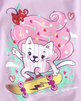 Girls Cupcake Cat Skateboard Graphic Tee