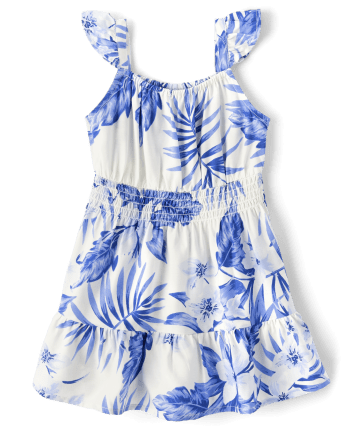 Vestido con volantes y fruncido tropical familiar a juego para niñas pequeñas