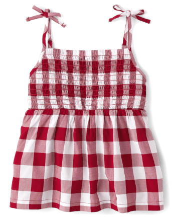 Girls Smocked Gingham Tie Shoulder Top