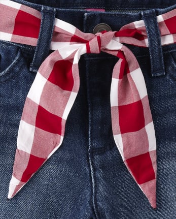 Girls Gingham Belted Denim Shortie Shorts