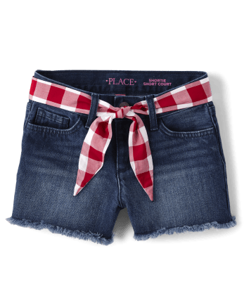 Girls Gingham Belted Denim Shortie Shorts