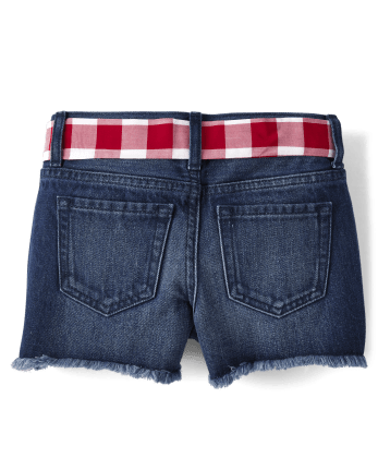 Girls Gingham Belted Denim Shortie Shorts