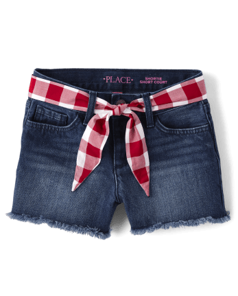 Girls Gingham Belted Denim Shortie Shorts