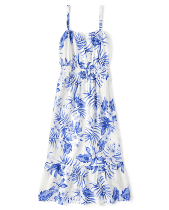 Vestido midi con volantes tropicales familiares a juego para mujer