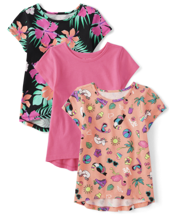 Girls Tropical High Low Tee Shirt 3-Pack