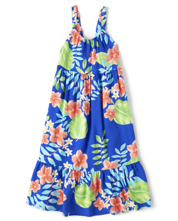 Girls Matching Family Tropical Midi Tiered Dress
