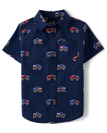 Toddler Boys Americana Monster Truck Poplin Button Up Shirt