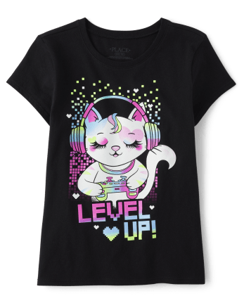 Girls Level Up Cat Graphic Tee