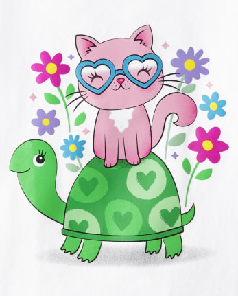 Baby And Toddler Girls Cat Turtle Graphic Tee