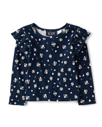 Toddler Girls Floral Ribbed Flutter Top