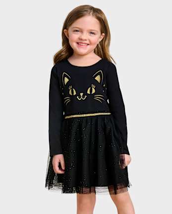 Costume Halloween Bébé Fille – Robe Tutu à Manches Longues Imprimé Chat Noir, Tulle, Pour Fête Et Photo