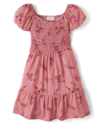 Girls Floral Smocked Ruffle Dress