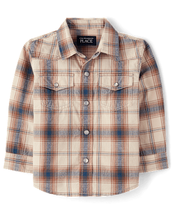 Camisa de popelina a cuadros con cierre de presión en la parte delantera para bebés y niños pequeños