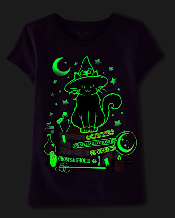 Girls Glow Cat Witch Graphic Tee