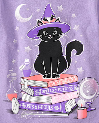 Girls Glow Cat Witch Graphic Tee