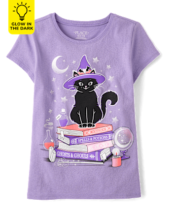 Girls Glow Cat Witch Graphic Tee