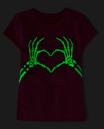 Girls Glow Skeleton Hands Heart Graphic Tee