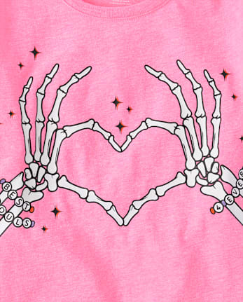 Girls Glow Skeleton Hands Heart Graphic Tee