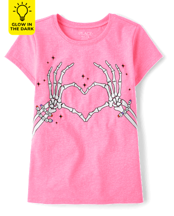 Girls Glow Skeleton Hands Heart Graphic Tee