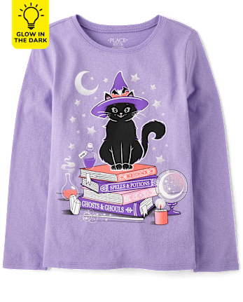 Girls Glow Cat Witch Graphic Tee