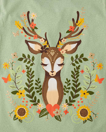 Girls Deer Leaves Graphic Tee