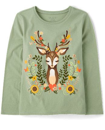 Girls Deer Leaves Graphic Tee