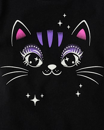 Baby And Toddler Girls Glow Black Cat Graphic Tee