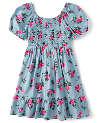 Girls Floral Smocked Ruffle Dress