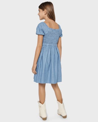 Girls Chambray Smocked Dress