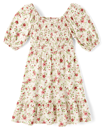 Girls Floral Smocked Ruffle Dress