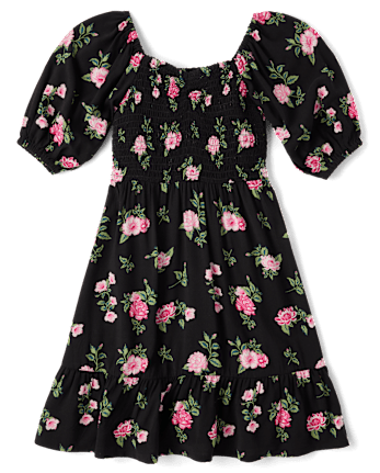 Girls Floral Smocked Ruffle Dress