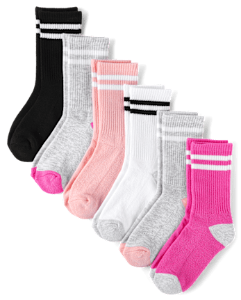 Girls Striped Cushioned Crew Socks 6-Pack