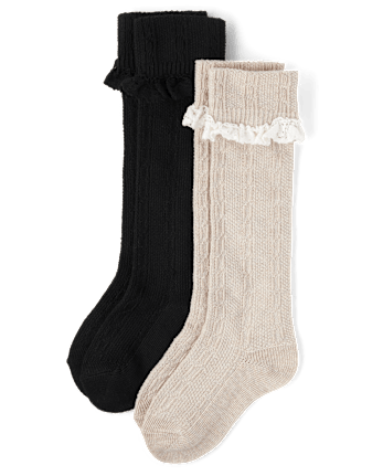 Girls Cable Knit Lace Boot Socks 2-Pack