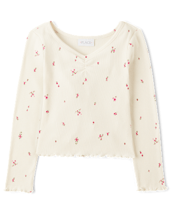 Girls Floral Ribbed Ruched Top