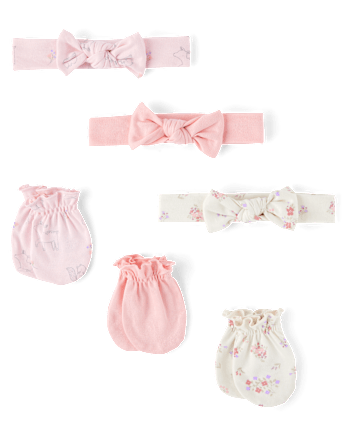 Baby Girls Floral Deer Bow Headwrap And Mittens 6-Piece Set
