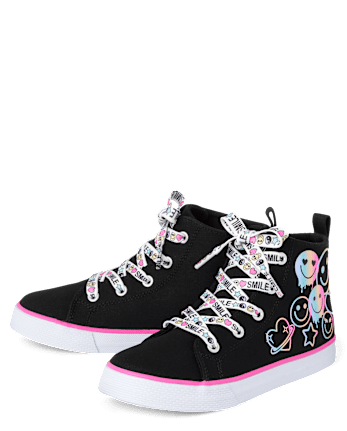 Girls Glitter Happy Face High Top Sneakers