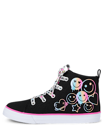 Girls Glitter Happy Face High Top Sneakers