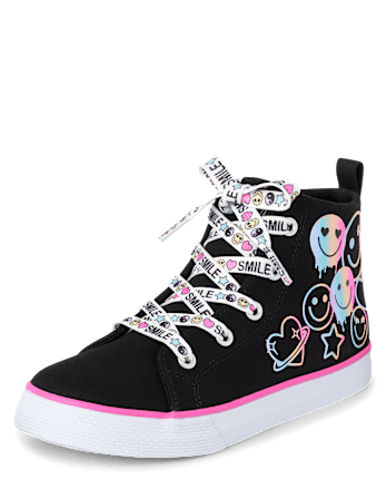 Girls Glitter Happy Face High Top Sneakers
