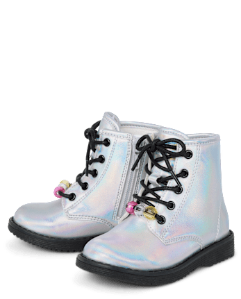 Toddler Girls Holographic Beaded Lace Up Booties