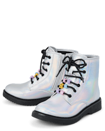 Girls Holographic Beaded Lace Up Booties