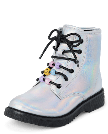 Girls Holographic Beaded Lace Up Booties
