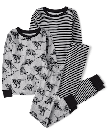 Boys Striped Dino Snug Fit Cotton Pajamas 2-Pack