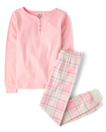 Girls Plaid Henley Snug Fit Cotton Pajamas