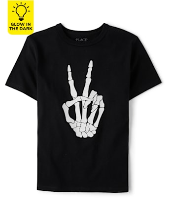 Unisex Kids Glow Skeleton Peace Sign Graphic Tee