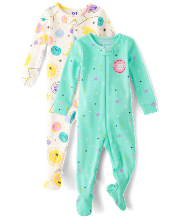 Baby And Toddler Girls Space Snug Fit Cotton Footed One Piece Pajamas 2-Pack
