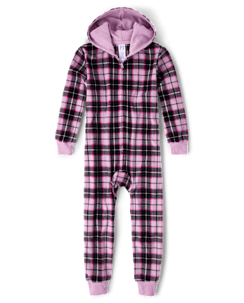 Girls Plaid Microfleece One Piece Pajamas