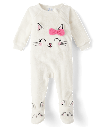 Baby And Toddler Girls Long Raglan Sleeve Cat Fleece Footed One Piece Pajamas WHITE The Children s Place