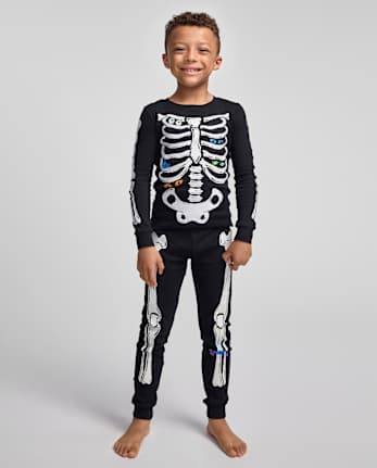 Pyjama en coton ajusté avec squelette phosphorescent pour enfants - BLACK