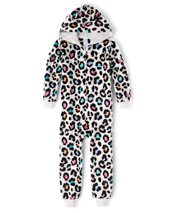 Girls Rainbow Leopard Fleece One Piece Pajamas